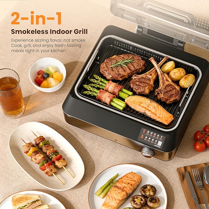 Kismile 2-in-1 Griddle and Indoor Grill,Electric Smokeless Grill with Temperature Control,Removable Plate,Portable Smoke-Free Griddle for Indoor Steaks,Vegetables,Family Cooking