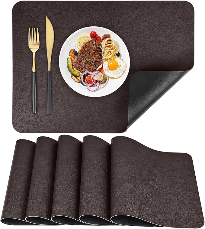 Faux Leather Placemats Set of 6 Table Mats Heat Resistant Reversible Place Mats, Waterproof Wipeable Dining Table Place mats for Home Party Outdoor, 15.8 x 11.8 inches (Choco Brown/Black)