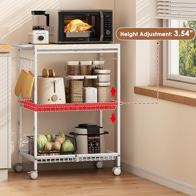 Microwave Kitchen Cart with 2 Lockable Wheels, White Kitchen Storage Cart with Push Handle, 3 Tier Rolling Cart with 160Lbs Capacity for Kitchen Island, Restaurant, Coffee Bar, Living Room, Office