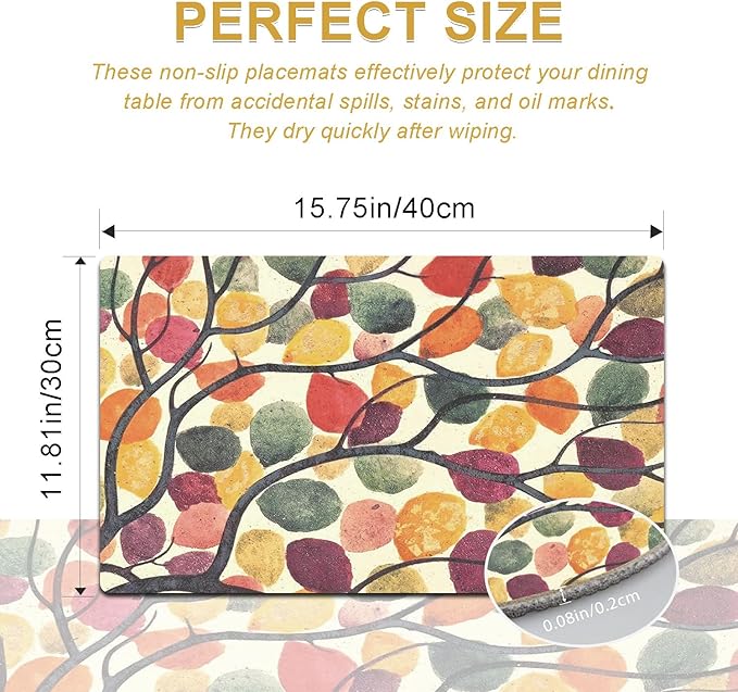 Rainbow Tree Placemats Set of 4 - Faux Leather Resistant Placemats for Dinner Table, Non-Slip Waterproof Oil-Proof Washable Reusable Placemat for Indoor Outdoor Kitchen Decor, 15.75In*11.81In