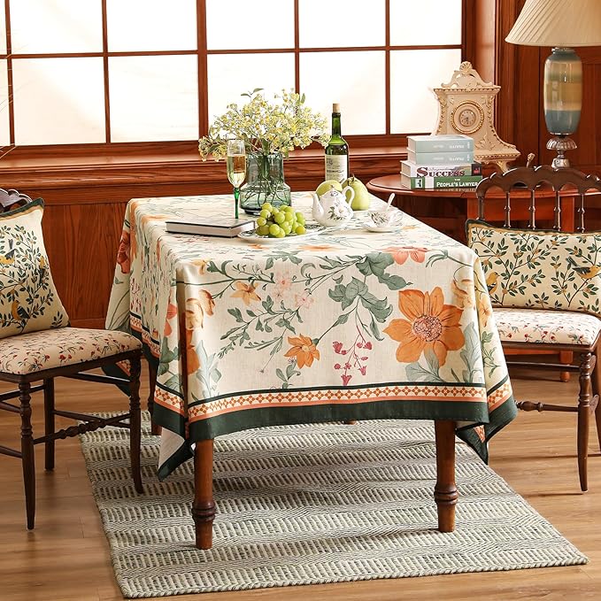 French Extra Long Tablecloth for Rectangle Table,Linen Orange Floral Wrinkle Resistant Tablecloths,Decor Table Cover for Kitchen,Dining,Party,Thanksgiving,Christmas,63"*110"-Milch