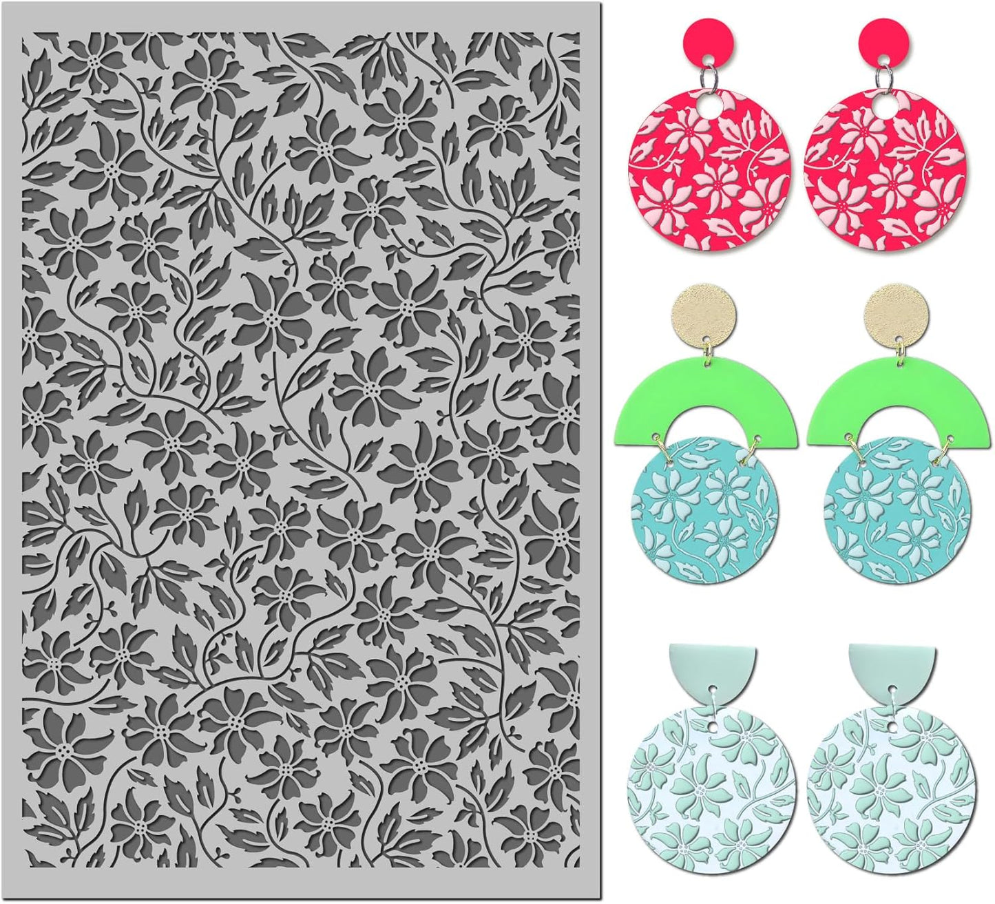 Arbuya Flowers Polymer Clay Texture Mat - Flowers Leaves Leaves Texture Sheet for Polymer Clay Jewelry Making, Earring Charms, DIY Craft Supplies