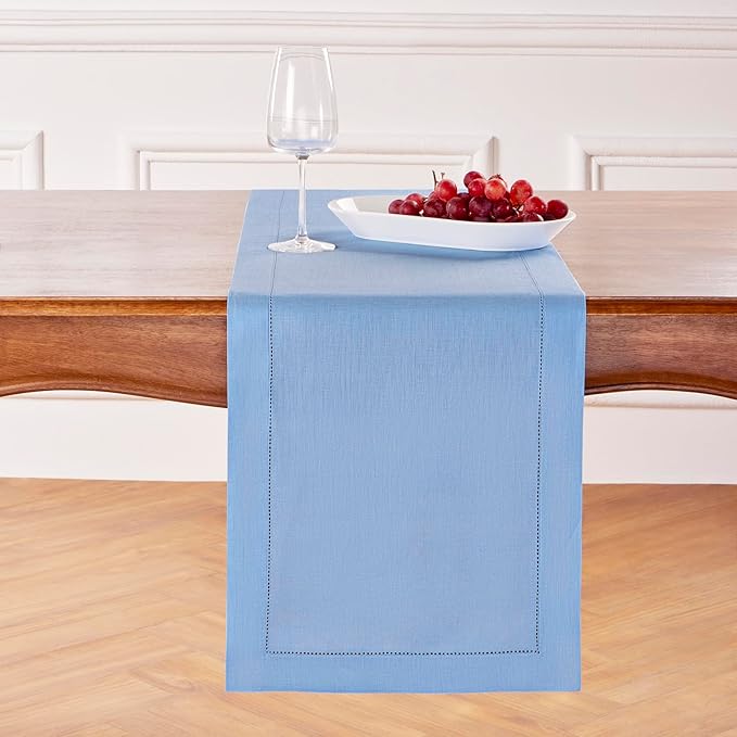 Solino Home Linen Cornflower Blue Table Runner 144 Inches Long - 100% Pure Linen Hemstitch 14 x 144 Inch Table Runner for Dining, Winter, Spring, Easter - Classic Hemstitch