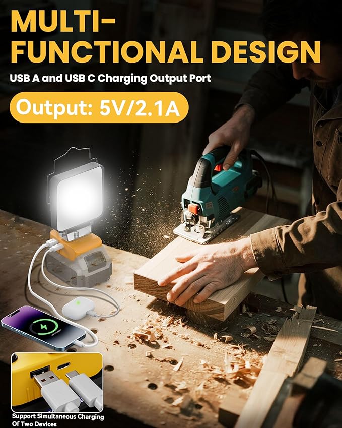 Ecarke 20V Cordless LED Work Light Compatible with DeWALT Batteries: 70W 7000LM Flashlight with Low Voltage Protection, 20V Tools Flood Light for Job Site, Construction & Camping, Battery Not Included