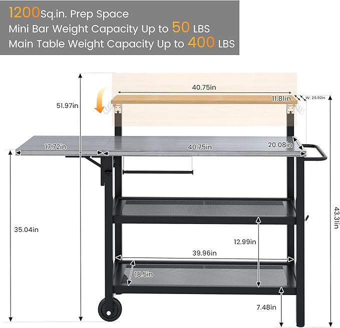 Sundale Outdoor Four-Shelf Grill Cart Table, Movable Stainless Metal Flattop Pizza Oven Multifunctional Work Prep-Table for Griddle BBQ Grills