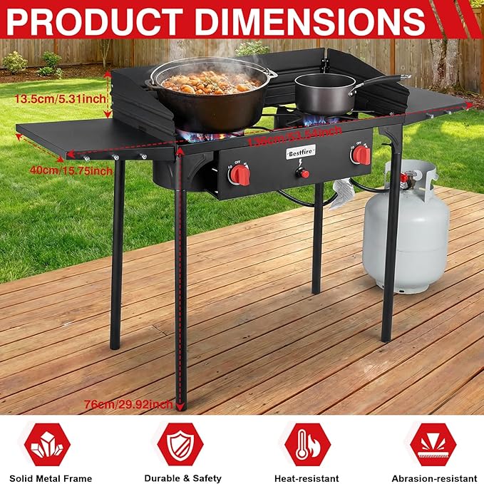 Bestfire 2 Burner Camping Stove with Windpanel& Side Shelves, Bag, Auto Ignition Button,Regulator,150,000 BTU Camping Stove Propane Burner With Removable Legs for Outdoor BBQ&Backyard