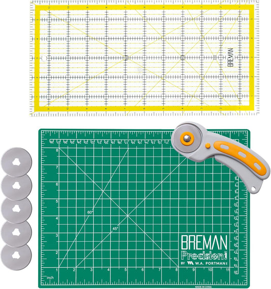 WA Portman Self Healing Cutting Mat & Rotary Cutter Set – 45mm Rotary Cutter for Fabric with 5 Extra Blades with 9x12 Fabric Cutting Mats for Crafts & 6x12 Acrylic Quilting Rulers – 3pc Sewing Kit