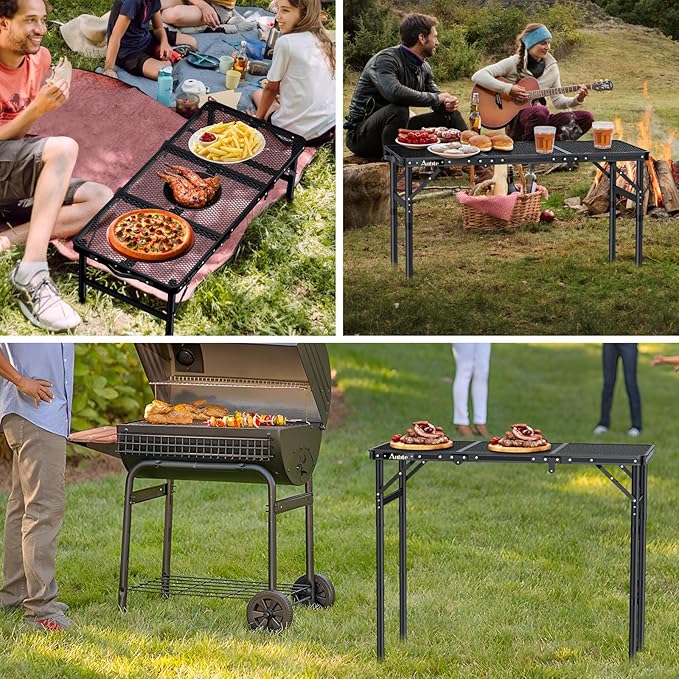 Anbte Folding Grill Table, 3ft Tri-Fold Aluminum Folding Table Adjustable Height Max 27.5" Grill Table with Mesh Desktop, Lightweight, Portable Handle for Outdoor Cooking BBQ Picnic (Black)