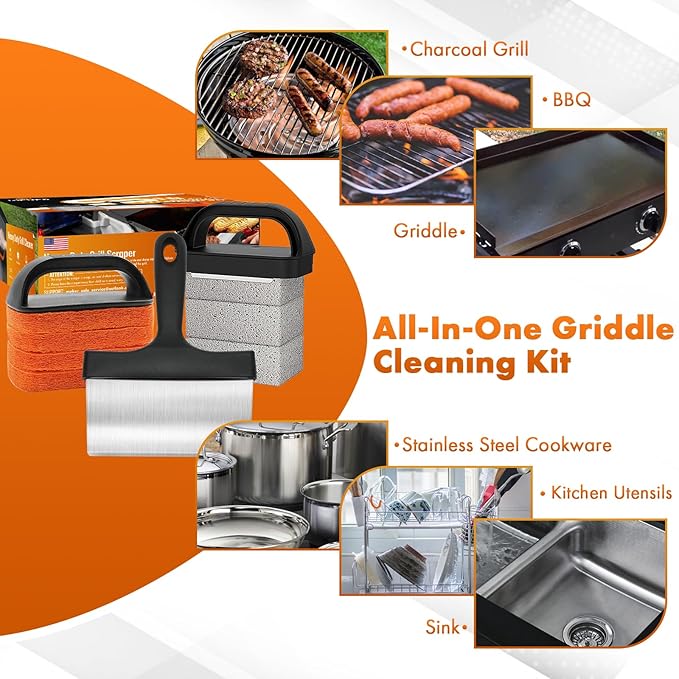 MEKER Griddle Cleaning Kit for Blackstone, Flat Top Grill Cleaning Kit with Grill Stone, Upgraded Scouring Pads & Griddle Scraper & Brush with Handle - Easy to Remove Stain (10 PCS)