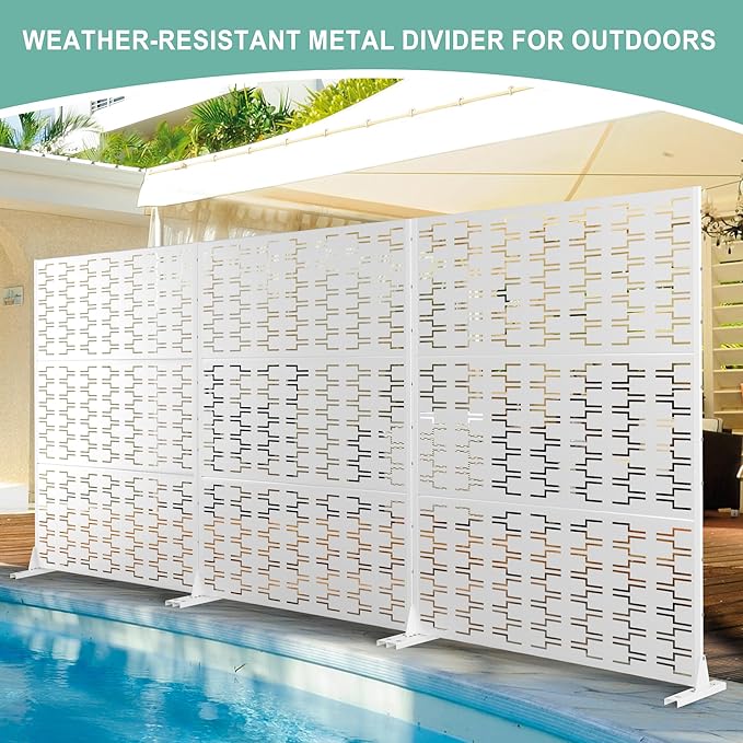 Metal Privacy Screen for Outdoor & Indoor Use, Free Standing Privacy Screen for Patio Garden Pool, 72" H x 47" W Decoative Privacy Panels, Weather Resistant, Easy Assembly (White Brick)