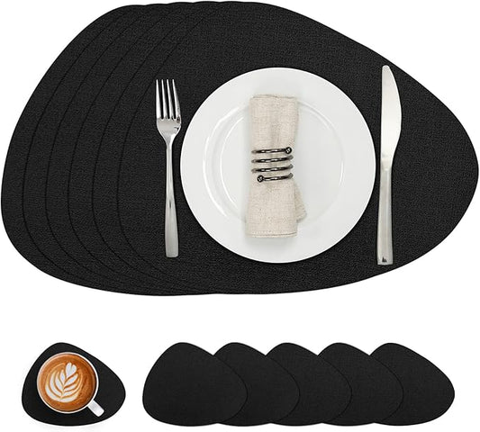 Placemats and Coasters, Washable Reversible Placemats Round Faux Leather Wipeable Place Mats Non Slip Heat Resistant Indoor Outdoor Table Mats (Set of 6, Black)