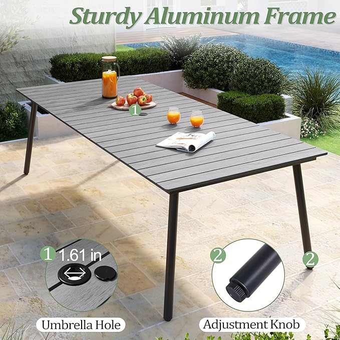 95" Patio Outdoor Dining Table for 8-10, Weather-Resistant Aluminum Frame with Wood-Grain Top & Umbrella Hole for Deck Gatherings, Grey