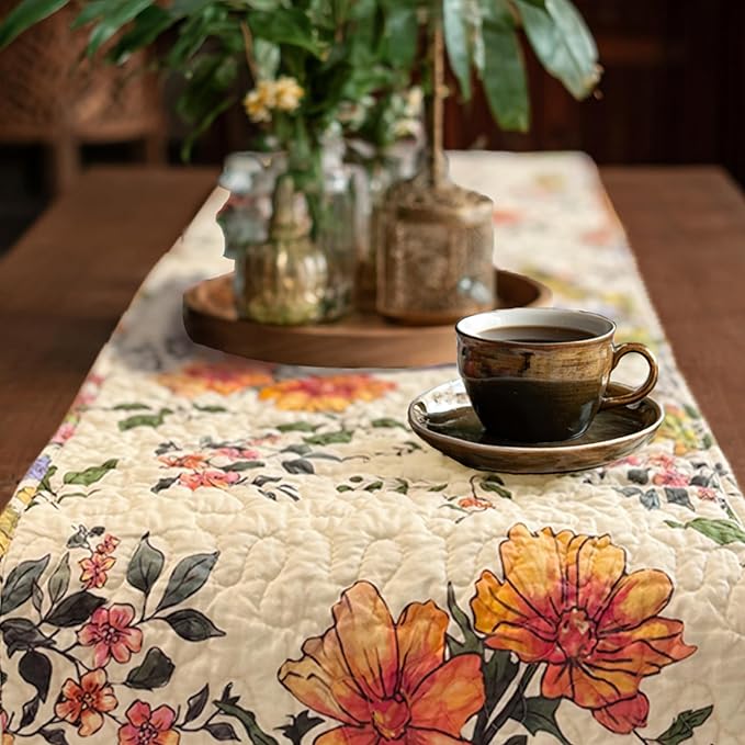 Cotton Quilted Floral Patchwork Table Runner 54 Inches Long – Handmade Farmhouse Table Runner for Dining Room, Coffee Table, or Buffet (Floral, 13*54)