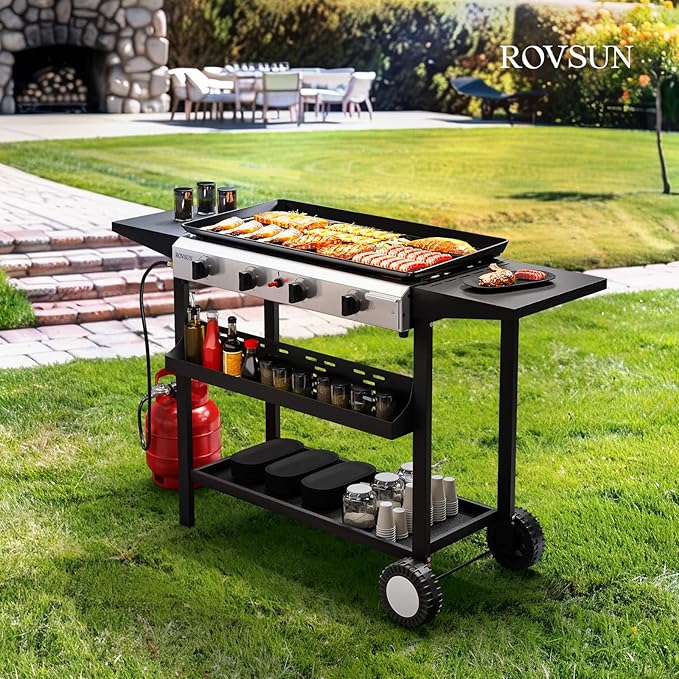 ROVSUN 4 Burner Portable Propane Griddle with Electronic Ignition, 40000 BTU Rolling Flat Top Gas Grill with Nonstick Enameled Tray, Side Shelves & Regulator for Outdoor Cooking Camping BBQ Tailgating