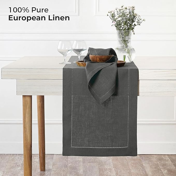 D'Moksha Homes Linen Charcoal Grey Table Runner 132 Inches Long - 100% Pure Linen Extra Long Table Runner 14 x 132 Inch for Spring, Easter - Classic Hemstitch