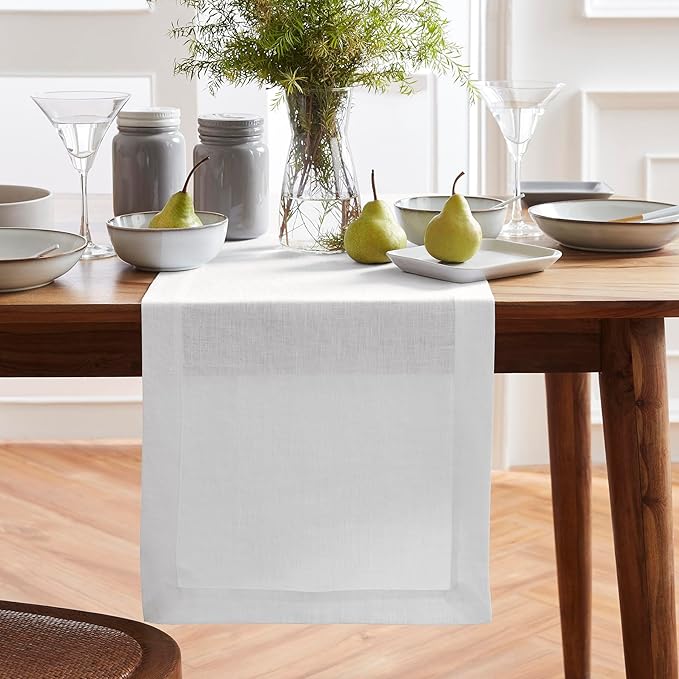 Solino Home Linen White Table Runner 120 Inches Long - 100% Pure Linen 16 x 120 Inch Table Runner for Dining, Valentines, Spring, Easter - Sonoma