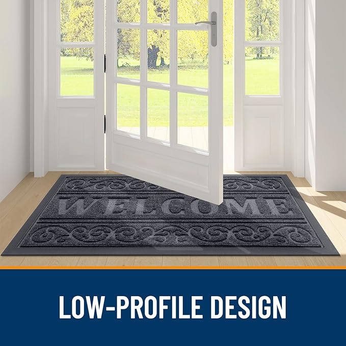 OLANLY Welcome Door Mat Indoor Outdoor Entrance, Heavy Duty Sturdy Front Door Mat, Waterproof All-Weather Doormat, Stain Resistant, Low Profile, Easy Clean Patio Entryway Mat, 59 x 35, Medium Grey