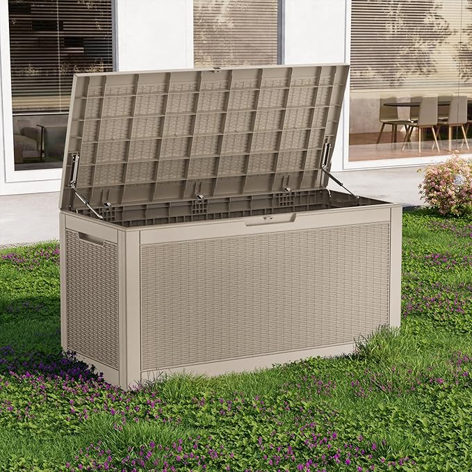 120 Gallon Waterproof Outdoor Storage Box,Resin Deck Box,Lockable Outside Storage Box Container for Patio Furniure,Garden,Pool Tools (120 Gallon,Grey)