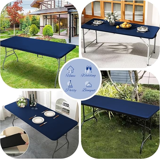 10 Pack Stretch Fabric Table Top Cap Cover, fits 6Ft Tables, Spandex Table Covers Washable Elastic Universal Rectangle Tablecloth Protector for Outdoor Party Picnic Wedding, Navy Blue, 30" W x 72" L