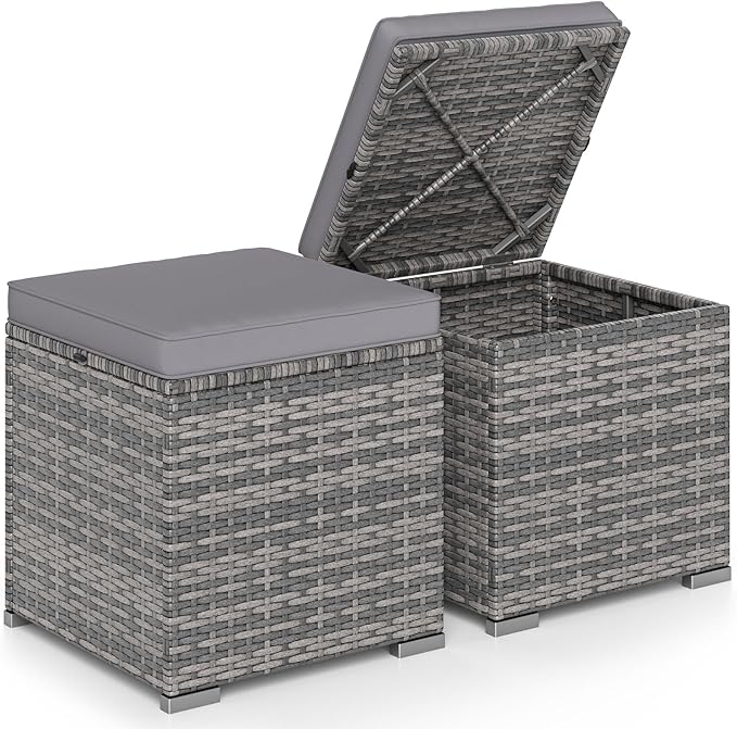 Tangkula 2 Pieces Patio Ottomans, Patiojoy Hand-Woven PE Rattan Side Table with Removable Cushion & Hidden Storage Space, Multifunctional Storage Box, Seat for Patio, Backyard, Poolside (Light Grey)