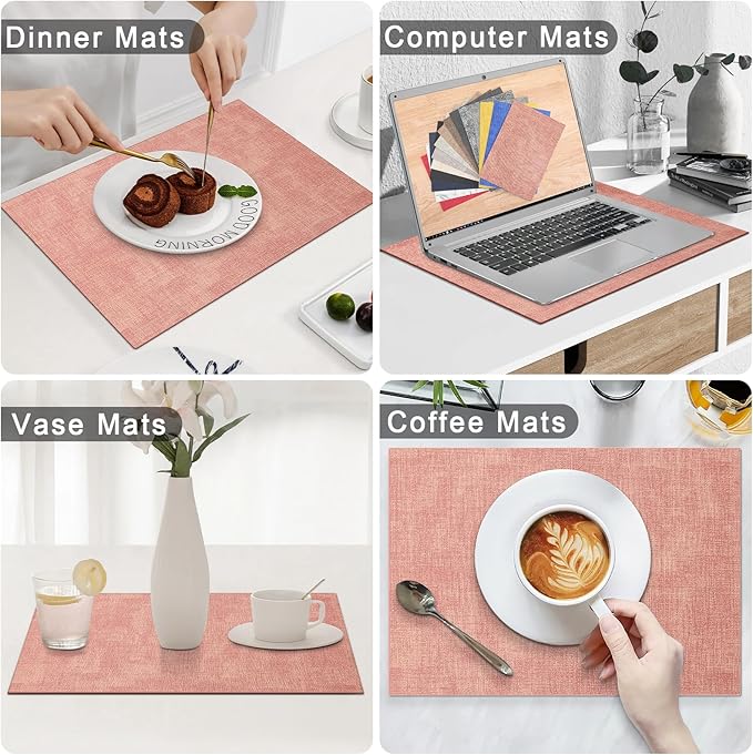 Homaxy Faux Leather Heat Resistant Placemats for Dining Table Set of 6, Waterproof Wipeable Washable PU Table Mats, Easy to Clean Anti-Slip Place Mats, 11.8" x 17", Pink