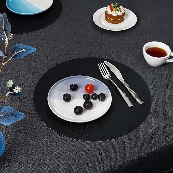 Myir JUN Round Placemats, Dual Sided Faux Leather Place Mats Set of 6 Indoor/Outdoor Non-Slip Washable Table Mats (Black, 6 Pack)