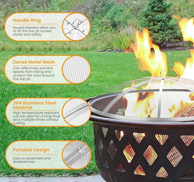 Stainless Steel Fire Pit Spark Screen 22 Inch Round, Heavy Duty Outdoor Fire Pit Screen Cover with Foldable Hook & Marshmallow Sticks, Mesh Spark Protector for Backyard, Camping, Beach