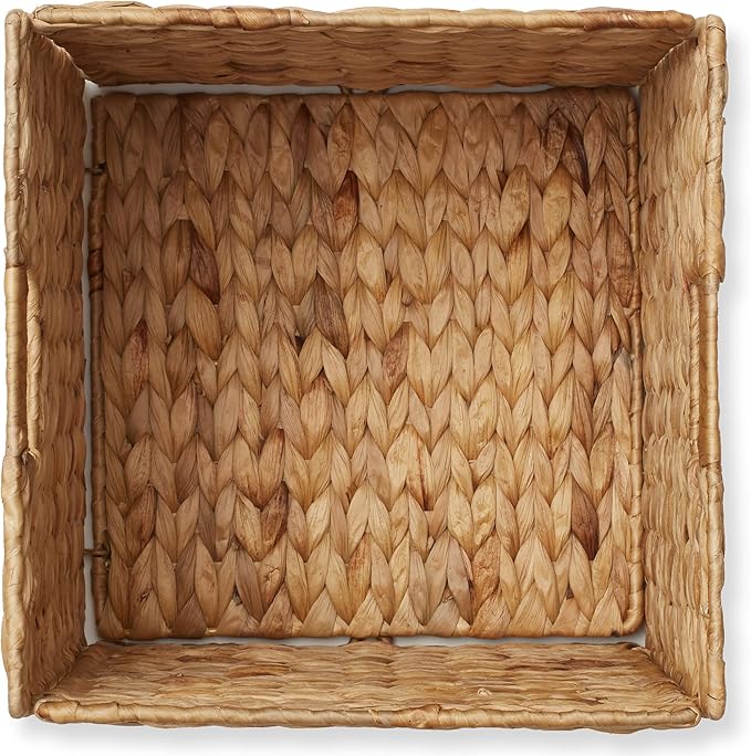 Casafield 13" x 13" Water Hyacinth Storage Baskets, Natural - Set of 2 Collapsible Cube Organizers, Woven Bins for Bathroom, Bedroom, Laundry, Pantry, Shelves