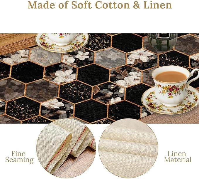 Marble Table Runner, Spring Floral Marble Geometric Texture Pattern Table Runner for Wedding Home Living Room Party Dining Kitchen 13x108in