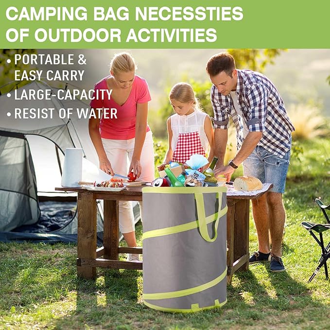 Resuable Leaf Bag 2 Pack, Collapsible Trash Can for Camping, Garden Waste Bag Pop Up, 120L Large Yard Waste Container with Drain Holes and Drawstrings for Windy Days