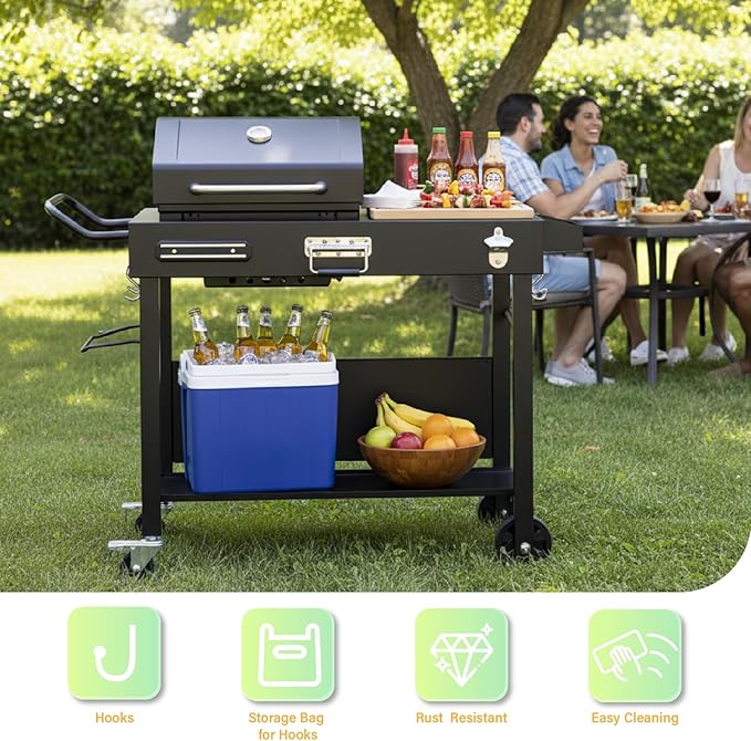 VINGLI Outdoor Grill Table Cart, Foldable Grill Cart with Wheels, Rolling Table for Ninja, Blackstone Griddle, Pizza Oven Stand, Food Prep Table w/Bottle Opener, Seasoning Tray, Rubbish Bag Holder
