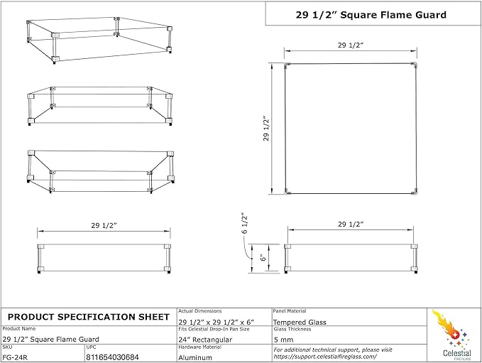 Celestial 29.5" x 29.5" x 6" Wind Guard, fits Celestial 24” Square Fire Pit Burner Pans