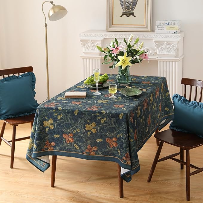 patdrea Designer Vintage Dark Blue Linen Rectangle Tablecloth,French Rustic Floral Pattern Tablecloths,Decorative Table Cover Cloth for Kitchen,Dining,Tea Party,Home,Christmas,63"*94"