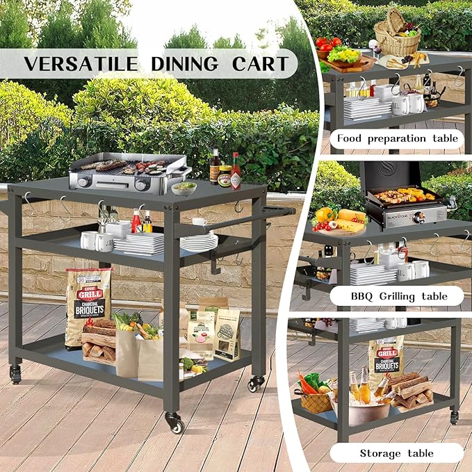 Domi 3-Tier Outdoor BBQ Grill Cart with Lockable Wheels | Portable Pizza Oven Stand & Food Prep Station | Compatible with Blackstone Griddle & Propane Tanks | All-Weather Patio Cooking cente