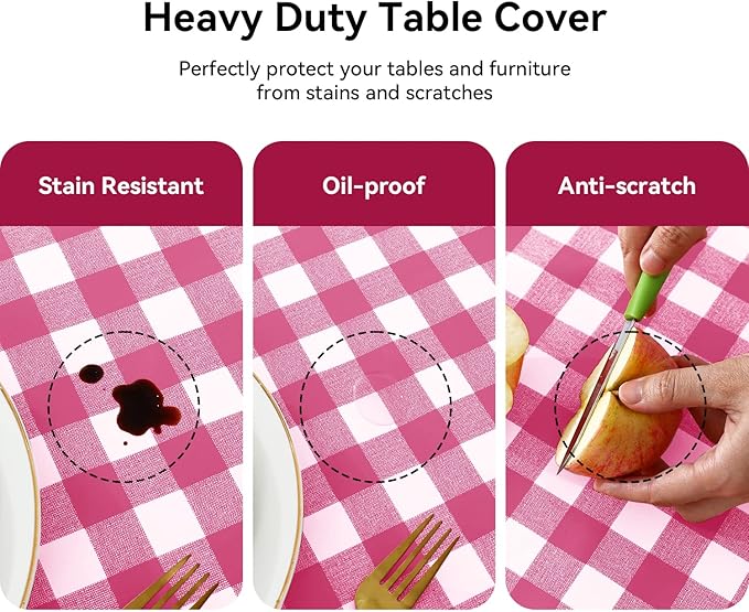 Romanstile Rectangle Vinyl Tablecloth, 100% Waterproof Buffalo Gingham Plastic Table Cloth, Heavy Duty Wipeable Checkered Table Covers for Outdoor, Camping, Picnic, Patio - 54 x 108, Hot Pink