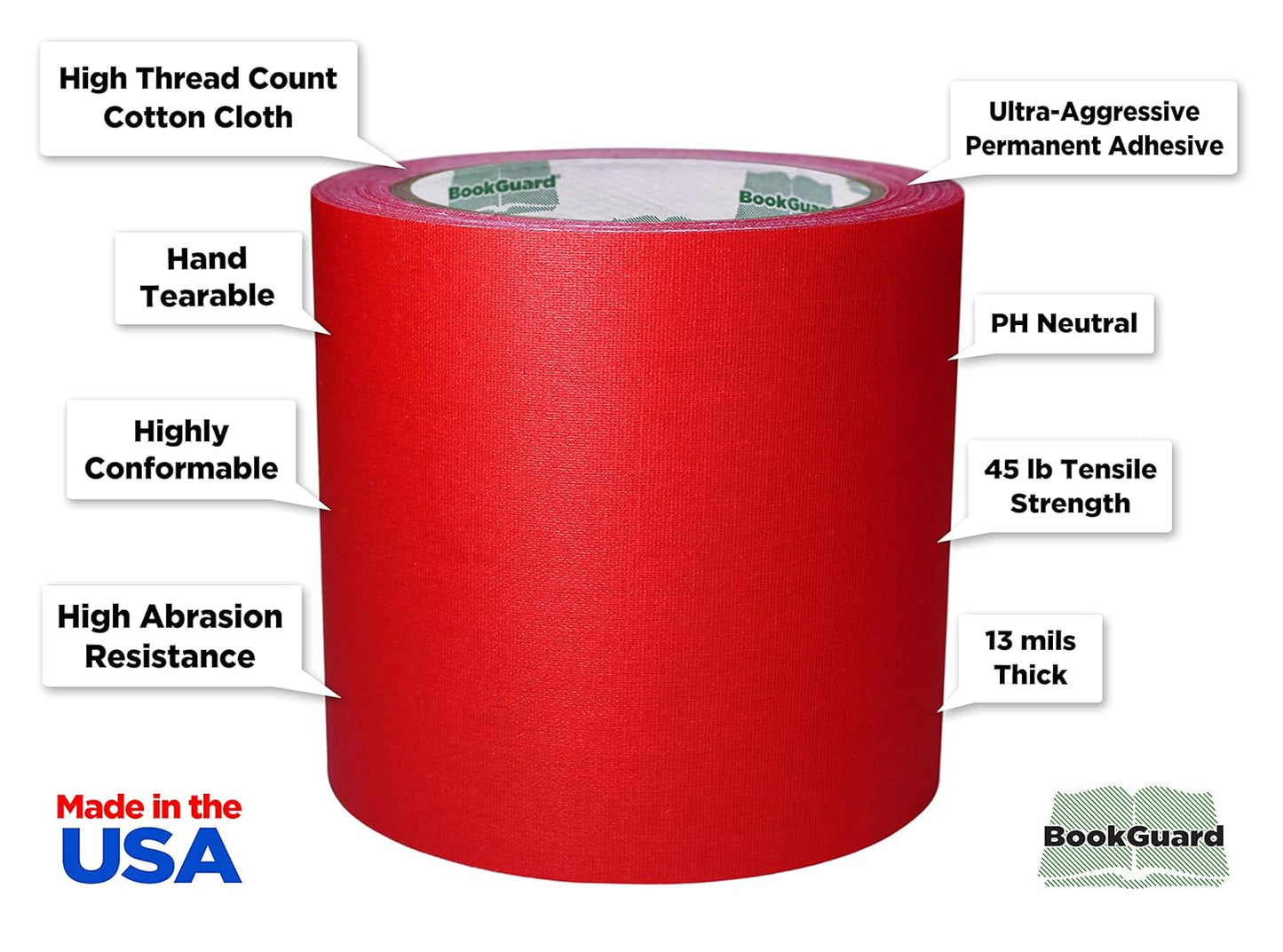 BookGuard 4 inch Premium Bookbinding Repair Cloth Tape, 15 Yard Roll, Red