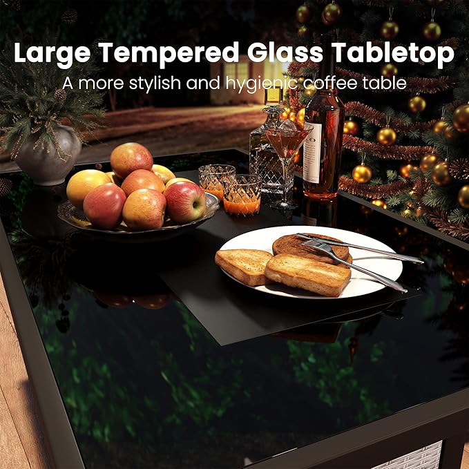 Propane Outdoor Fire Pit Table, 43" Rattan Rectangle Fire Pit Table, Outdoor Gas FirePit W/Glass Wind Guard, Tempered Glass Tabletop, Lid, CSA Listed, 60,000 BTU for Outside Patio Deck & Garden