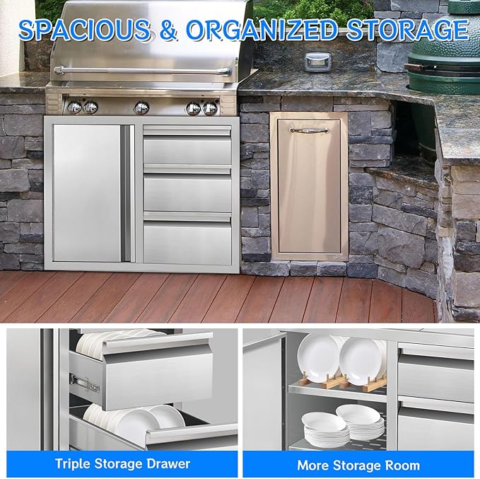 Outdoor Kitchen Drawer Combo Cabinet, Stainless Steel Triple Drawers with Integrated Access Door, 28" W x 22" H x 19.5" D Outdoor Built-in Cabinet for BBQ Island Grill Stations