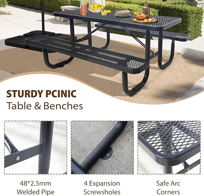 4 FT Metal Picnic Tables for Outside, Outdoor Coated Steel Heavy Duty Commercial Picnic Table with Benches, Patio Table Rectangular Furniture Set for Garden, Lawn, Shops, Parks