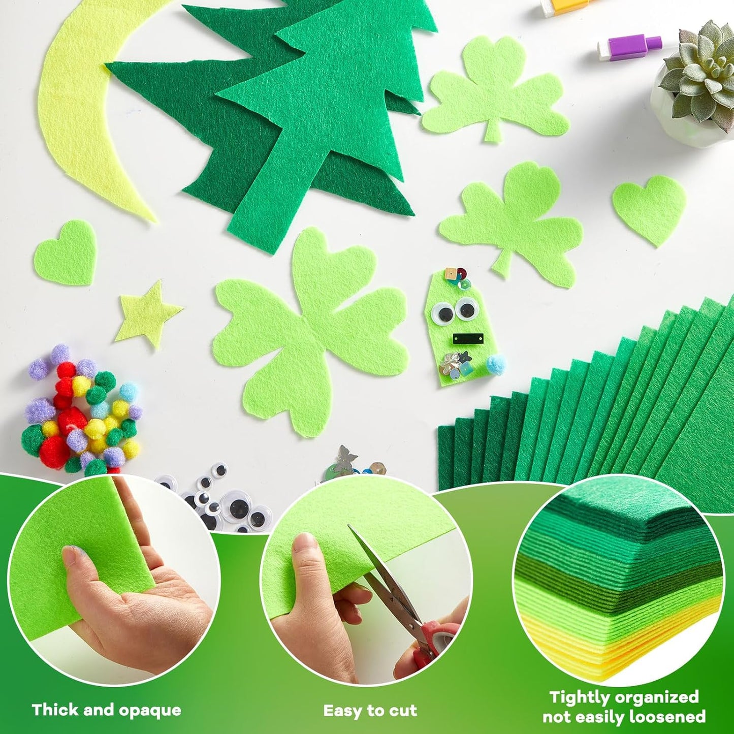 gisgfim 42Pcs Green Felt Fabric Sheets Craft 8 x 12 Inch Assorted Soft Green Gradient Felt Pack with Wiggle Google Eye Pompom Glitter Patchwork Craft for St. Patrick's Day DIY Sewing Project Decor