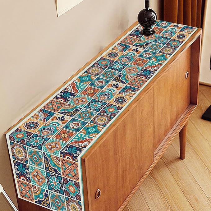 Mexican Table Runner, Blue Rustic Mexico Talavera Ceramic Hand Painted Tiles Cinco De Mayo Coffee Table Center Decor for Family Kitchen and Dining Patio Indoor Outdoor Table Decorations, 13" X 108"