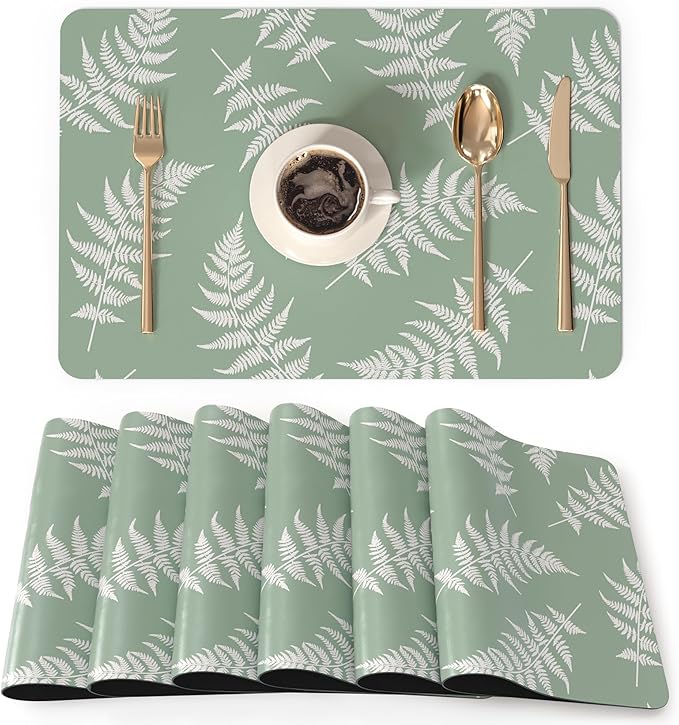 QIYI Placemats Set of 6, 12x18 Inch Faux Leather Place Mats for Kitchen Dinning, Heat Resistant Anti Slip Green White Table Mats, Waterproof Wipeable Washable Placemat Party Table Décor, Fern Leaves