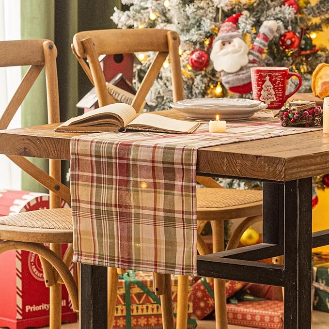 Beige Plaid Christmas Table Runner, Winter Holiday Table Runners 72 inches Long Xmas Decorations Indoor Outdoor Farmhouse Home Kitchen Dining Party Decor