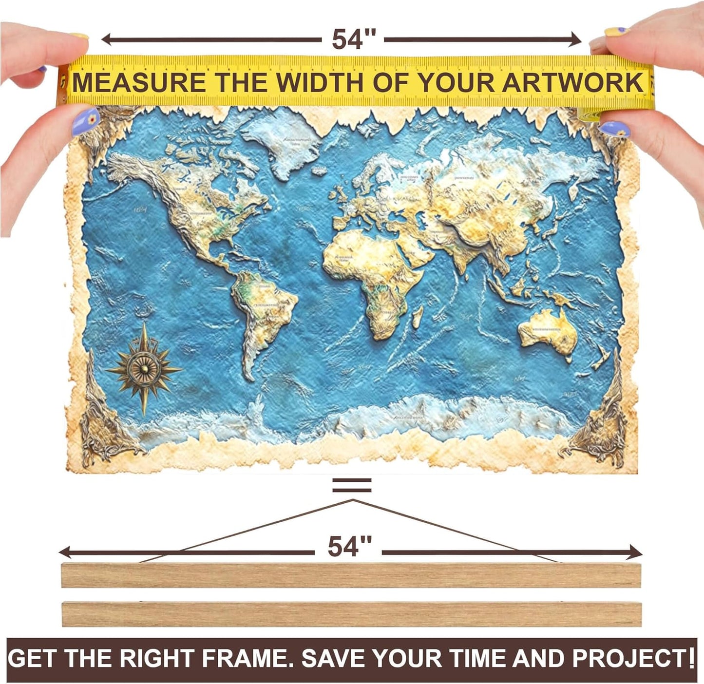 DACRI HOME 54" Magnetic Poster Hanger Frame - Sturdy Teak Wood Poster Frame, Strong Magnets for Easy Hanging Map Picture Print Scroll Wall Art 54x30 54x36 54x38 (54 Inch, Natural Wood)