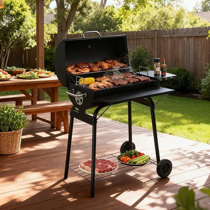 Outvita Barrel Charcoal Grill with Warming Rack, Outdoor BBQ Grill with Side Front Table with Nearly 564 Sq.In. Cooking Grid Area for Backyard Patio Picnic Parties Camping, Black