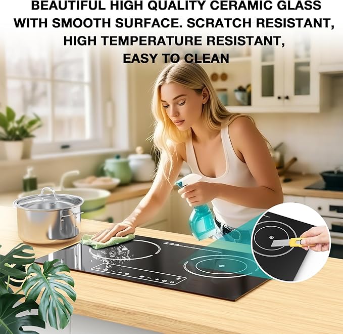 Electric Cooktop,110V 2400W 2 Burner Electric Cooktop,Countertop and Built-in Stove top with 9 Power Levels,Child Safety Lock, Timer, LED touch control,Overheat Protection