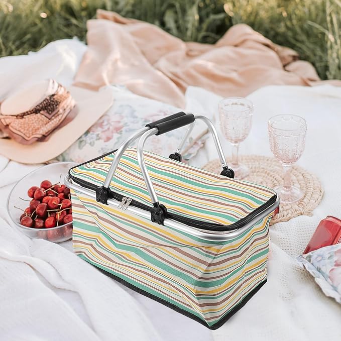 Wear-Resistant Insulated Picnic Basket and Foldable Shopping Tote for Outdoor Dining with Thick Aluminum Foil Lining, Yellow-Green Pattern, No Ice Pack, Vehicle Use and Food