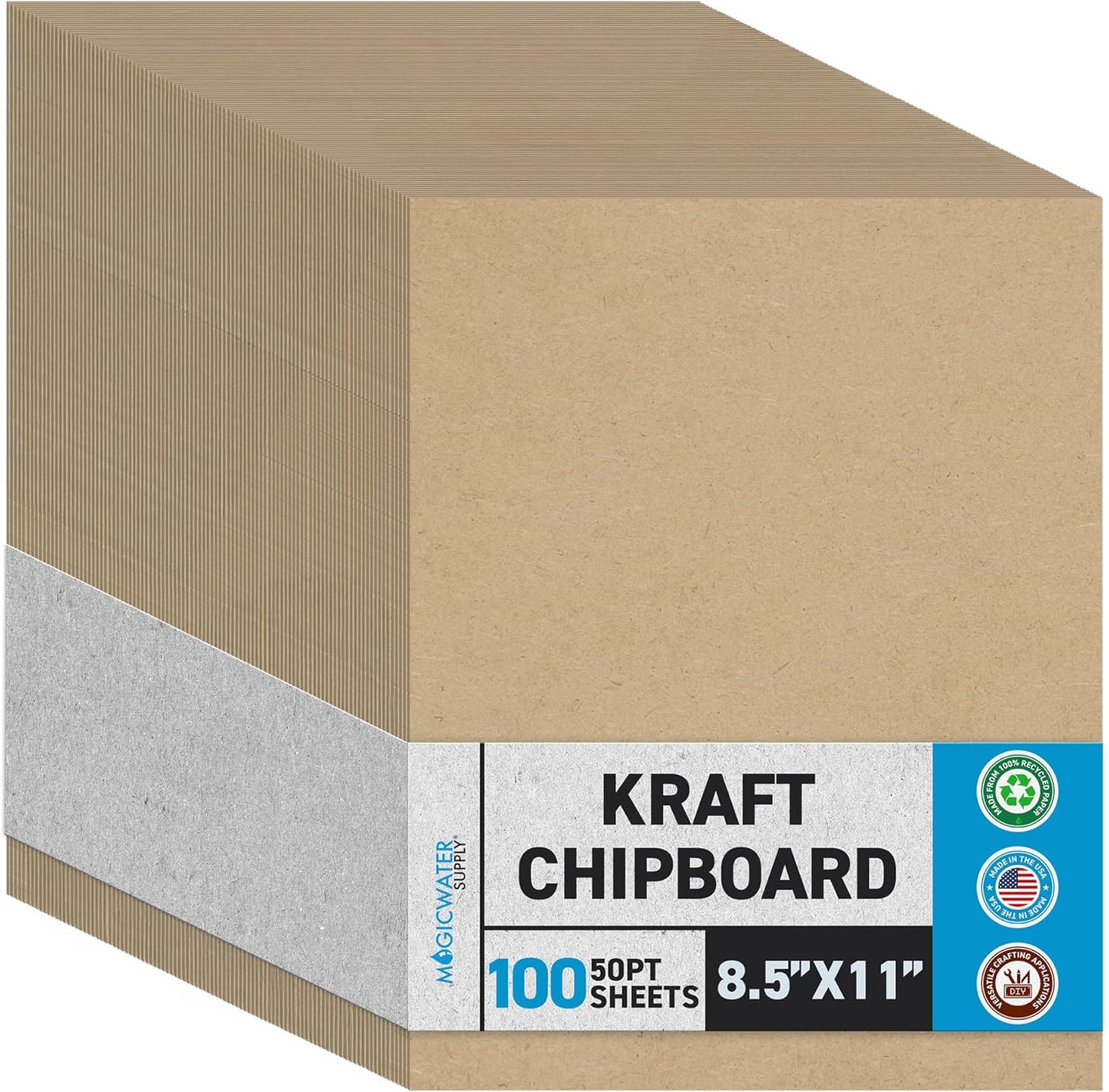 MagicWater Chipboard Sheet for DIY Projects - 8.5x11 Inch - 100 Pack - 0.050 Inch Thick - Heavy Duty Kraft Paperboard, Ideal for Scrapbooking, Books, Picture Frame Backing, Arts Project & Crafts