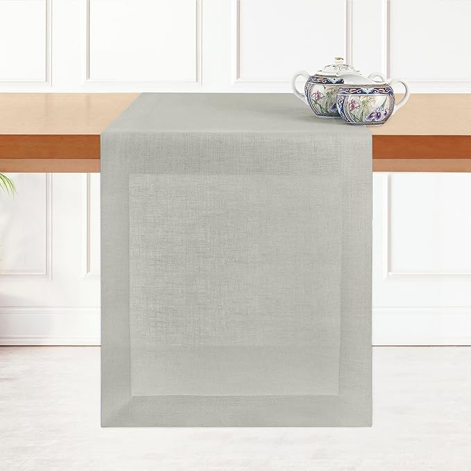 D'Moksha Homes Linen Silver Grey Table Runner 90 Inches Long - 100% Pure Linen 14 x 90 Inch Table Runner for Dining, Winter, Holiday - Machine Washable