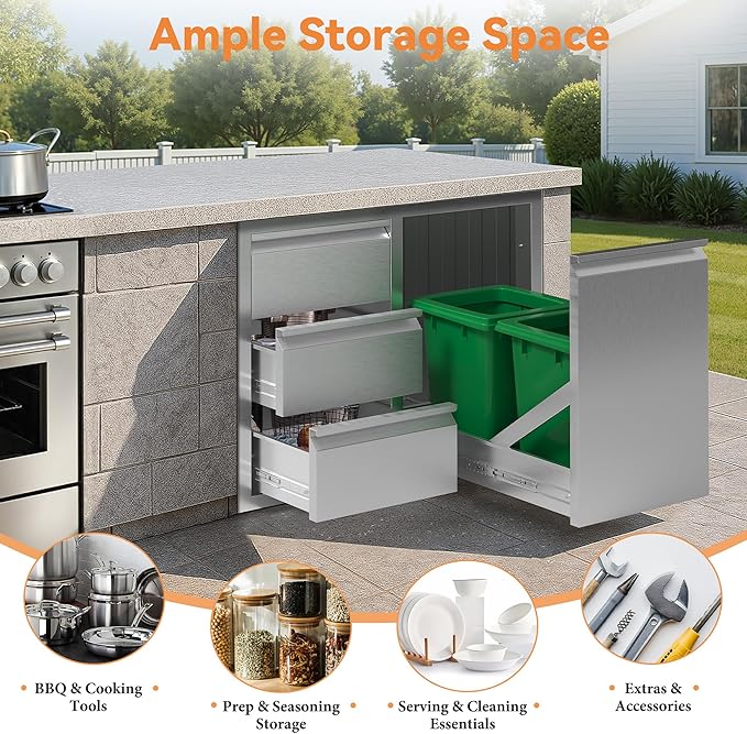 Jocisland Outdoor Kitchen Drawers 28" W×23" D×23" H Stainless Steel Drawers for Outdoor Kitchens, Single Door Trash Drawer & 3-Drawer Cabinet, Built-in BBQ Island Storage